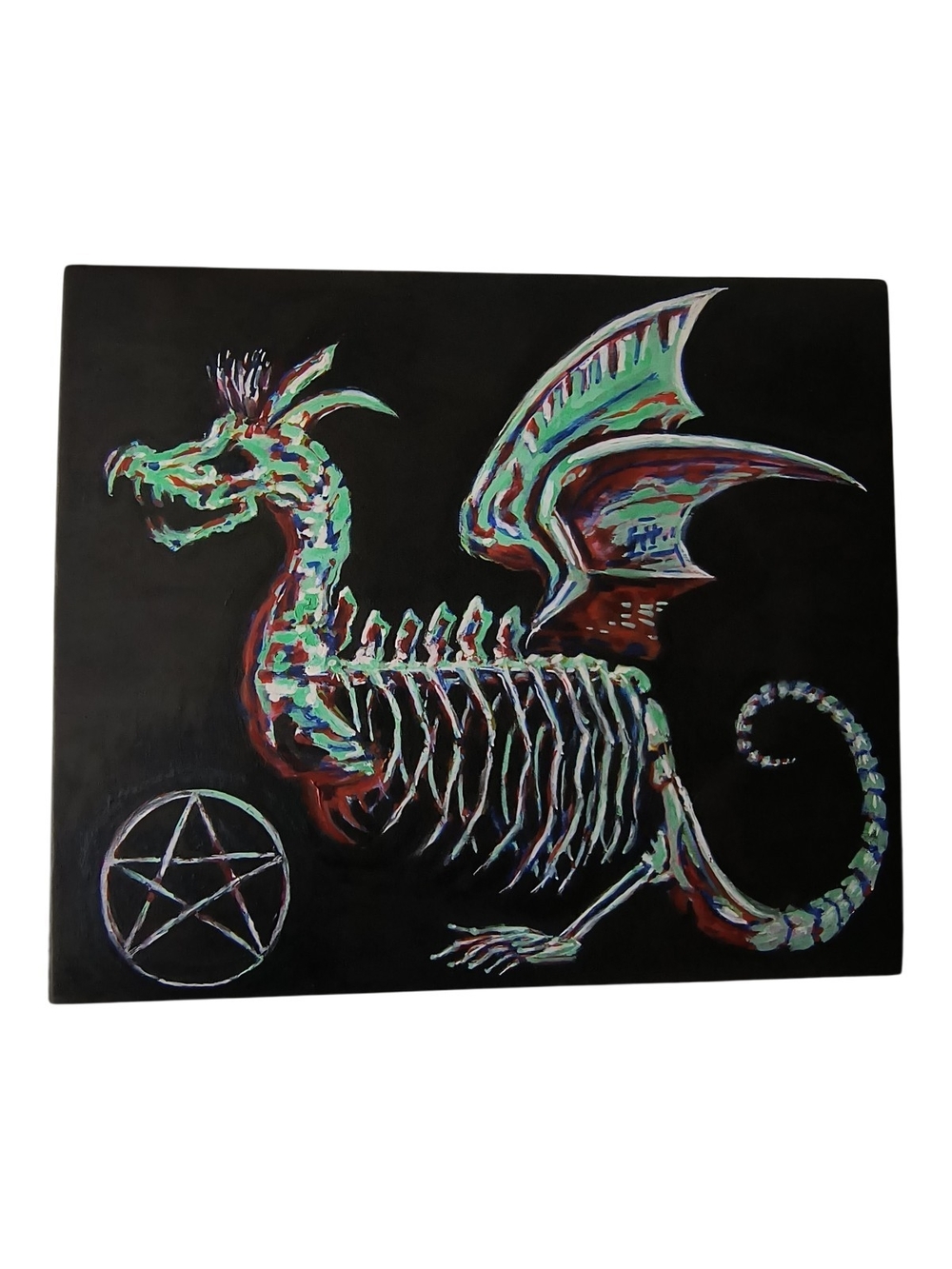Original Skeletal Dragon Oil Painting on Fir Wood Slab